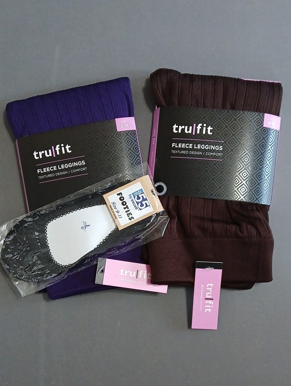 NWT trufit Women’s Fleece Leggings - Purple and Brown And Lace Footie Bundle